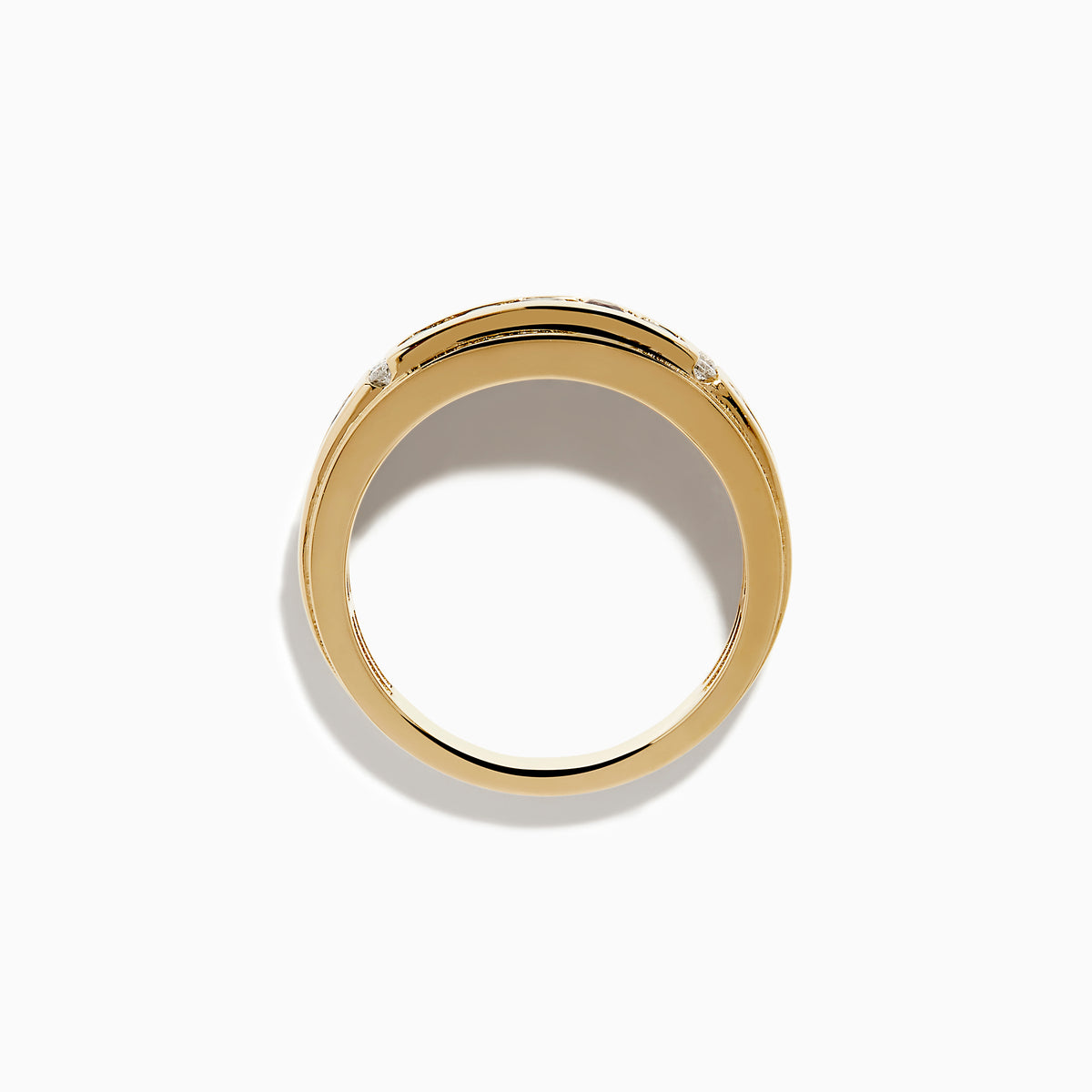 The Effy Hematian Men's 14K Yellow Gold Band features dark green alexandrite gemstones channel-set in the center, flanked by small diamonds on each side, displayed against a white background.