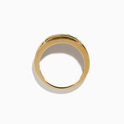 The Effy Hematian Men's 14K Yellow Gold Band features dark green alexandrite gemstones channel-set in the center, flanked by small diamonds on each side, displayed against a white background.