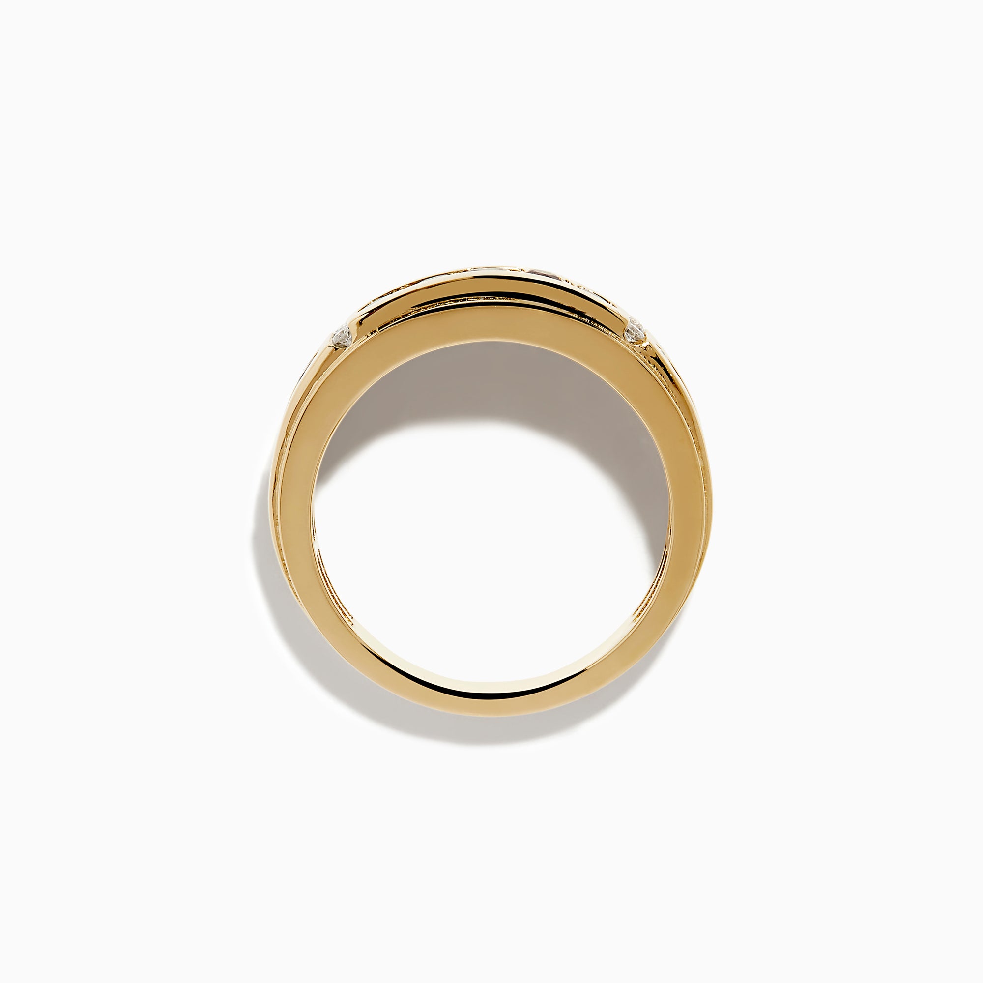 The Effy Hematian Men's 14K Yellow Gold Band features dark green alexandrite gemstones channel-set in the center, flanked by small diamonds on each side, displayed against a white background.