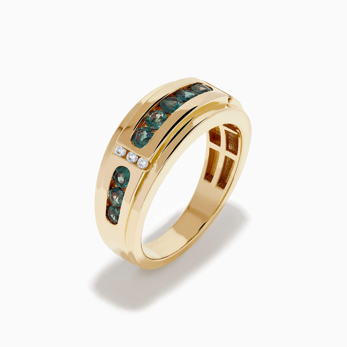The Effy Hematian Men's 14K Yellow Gold Band features dark green alexandrite gemstones channel-set in the center, flanked by small diamonds on each side, displayed against a white background.