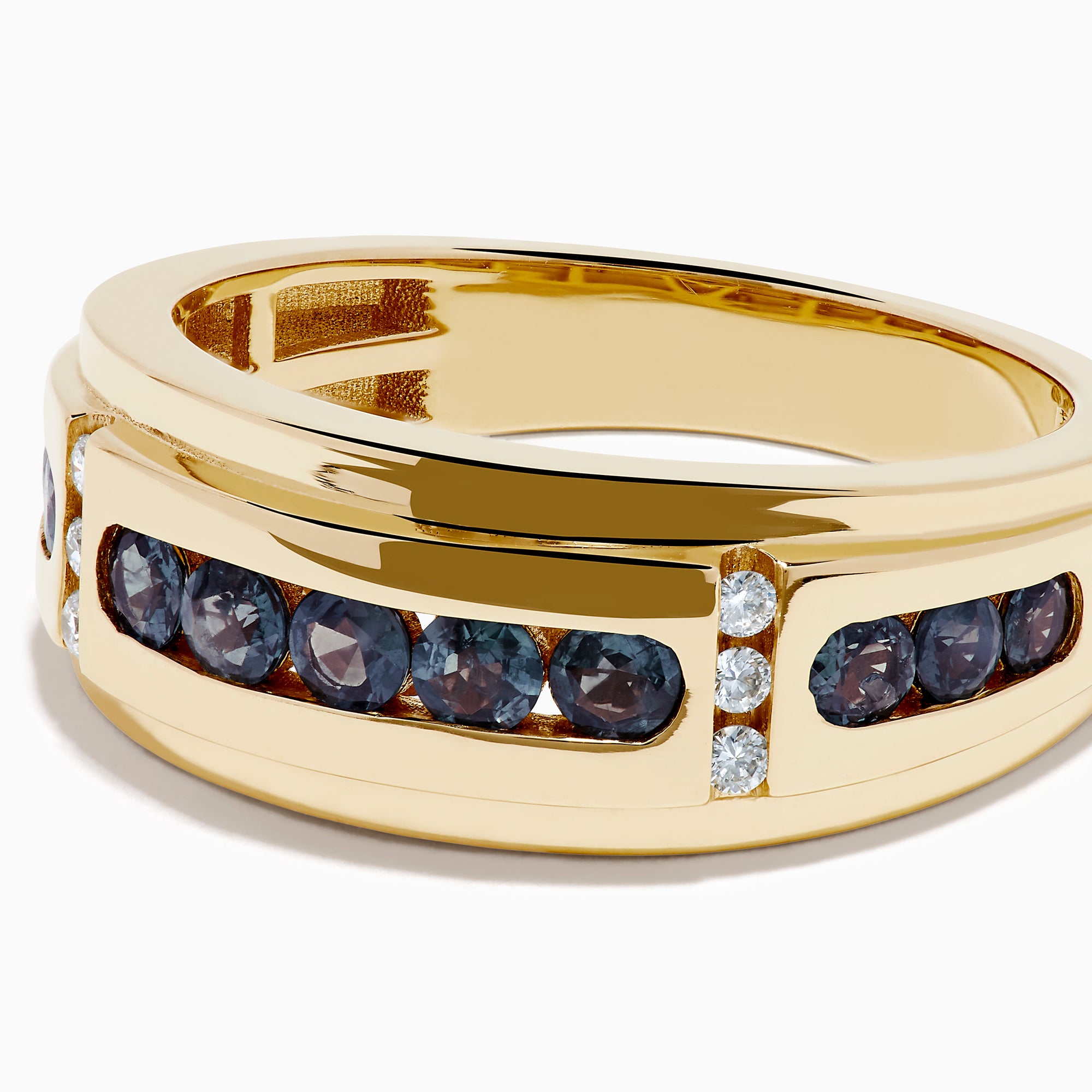The Effy Hematian Men's 14K Yellow Gold Band features dark green alexandrite gemstones channel-set in the center, flanked by small diamonds on each side, displayed against a white background.