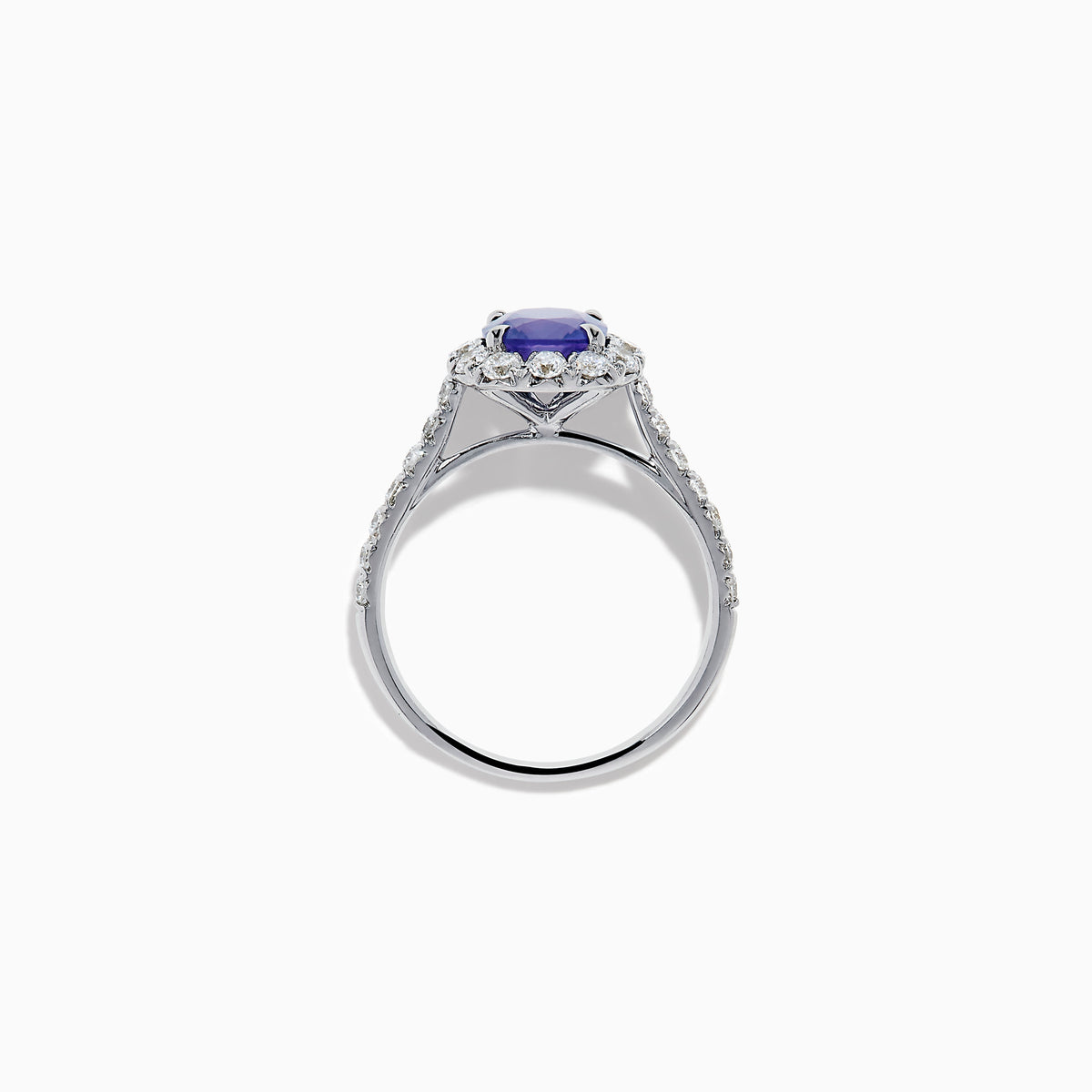 The Effy Hematian 18K White Gold Purple Sapphire and Diamond Halo Ring features a stunning round purple sapphire at the center, surrounded by sparkling diamonds with additional diamond accents along the band.