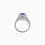 The Effy Hematian 18K White Gold Purple Sapphire and Diamond Halo Ring features a stunning round purple sapphire at the center, surrounded by sparkling diamonds with additional diamond accents along the band.