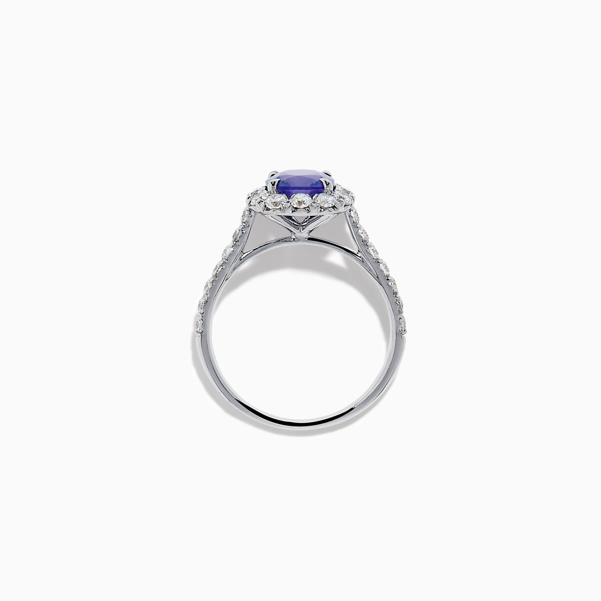 The Effy Hematian 18K White Gold Purple Sapphire and Diamond Halo Ring features a stunning round purple sapphire at the center, surrounded by sparkling diamonds with additional diamond accents along the band.