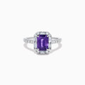 The Effy Hematian 18K White Gold Octagon Purple Sapphire and Diamond Halo Ring features a striking octagonal purple sapphire centerpiece, encircled by sparkling diamond halos on the band and around the main stone.