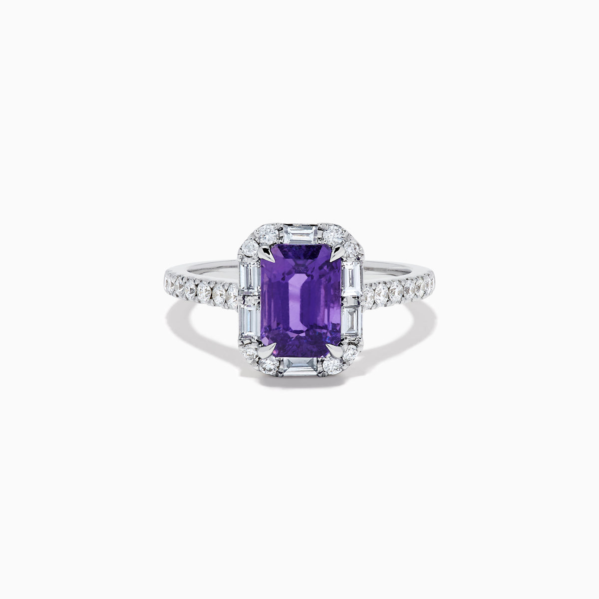 The Effy Hematian 18K White Gold Octagon Purple Sapphire and Diamond Halo Ring features a striking octagonal purple sapphire centerpiece, encircled by sparkling diamond halos on the band and around the main stone.