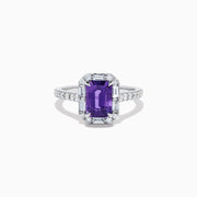 The Effy Hematian 18K White Gold Octagon Purple Sapphire and Diamond Halo Ring features a striking octagonal purple sapphire centerpiece, encircled by sparkling diamond halos on the band and around the main stone.