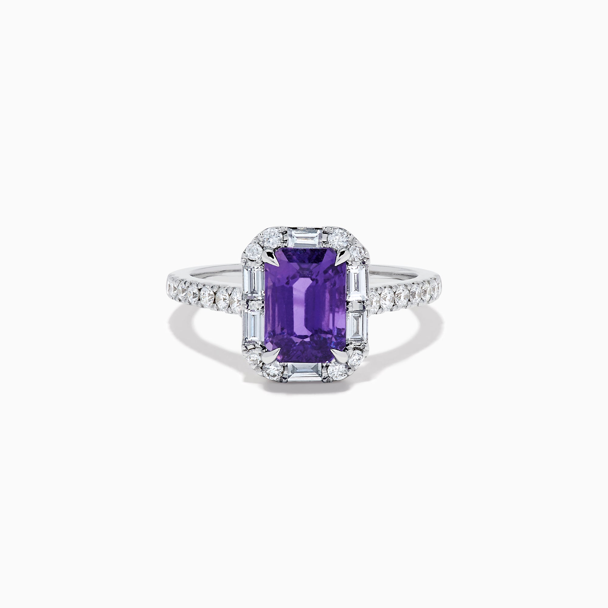 The Effy Hematian 18K White Gold Octagon Purple Sapphire and Diamond Halo Ring features a striking octagonal purple sapphire centerpiece, encircled by sparkling diamond halos on the band and around the main stone.