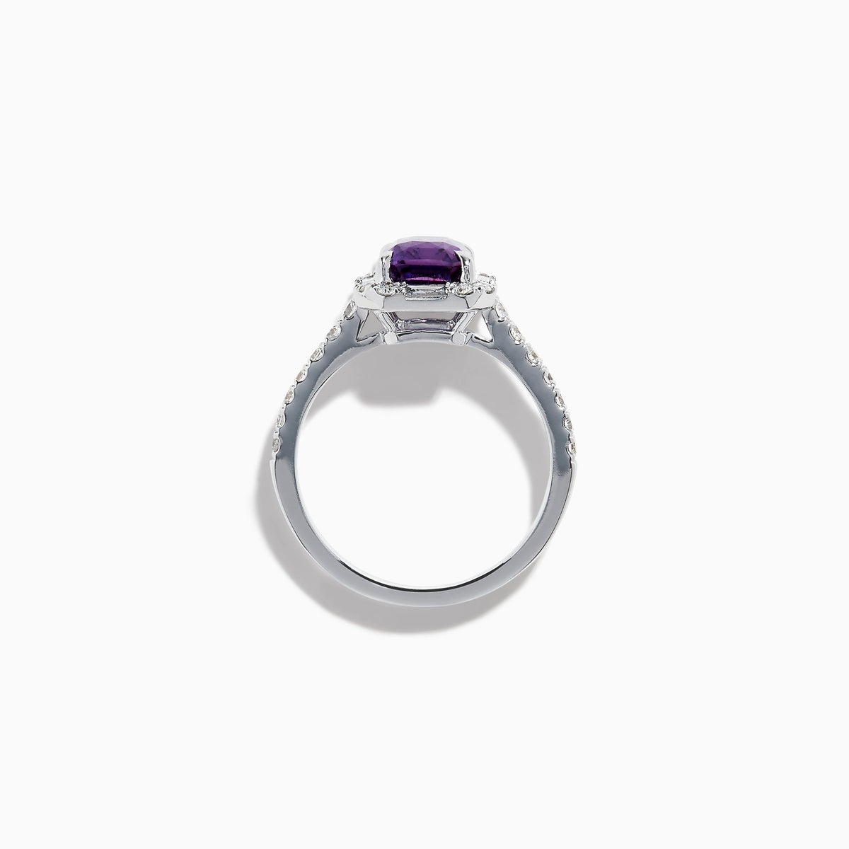 The Effy Hematian 18K White Gold Octagon Purple Sapphire and Diamond Halo Ring features a striking octagonal purple sapphire centerpiece, encircled by sparkling diamond halos on the band and around the main stone.