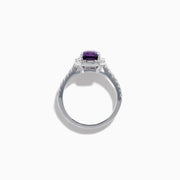 The Effy Hematian 18K White Gold Octagon Purple Sapphire and Diamond Halo Ring features a striking octagonal purple sapphire centerpiece, encircled by sparkling diamond halos on the band and around the main stone.