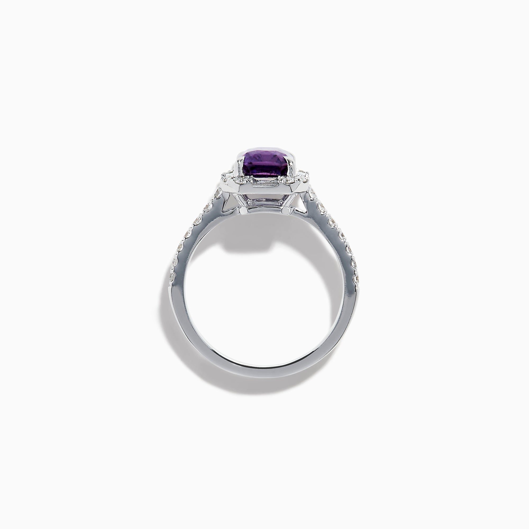 The Effy Hematian 18K White Gold Octagon Purple Sapphire and Diamond Halo Ring features a striking octagonal purple sapphire centerpiece, encircled by sparkling diamond halos on the band and around the main stone.