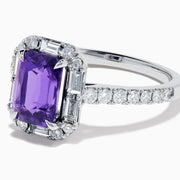 The Effy Hematian 18K White Gold Octagon Purple Sapphire and Diamond Halo Ring features a striking octagonal purple sapphire centerpiece, encircled by sparkling diamond halos on the band and around the main stone.