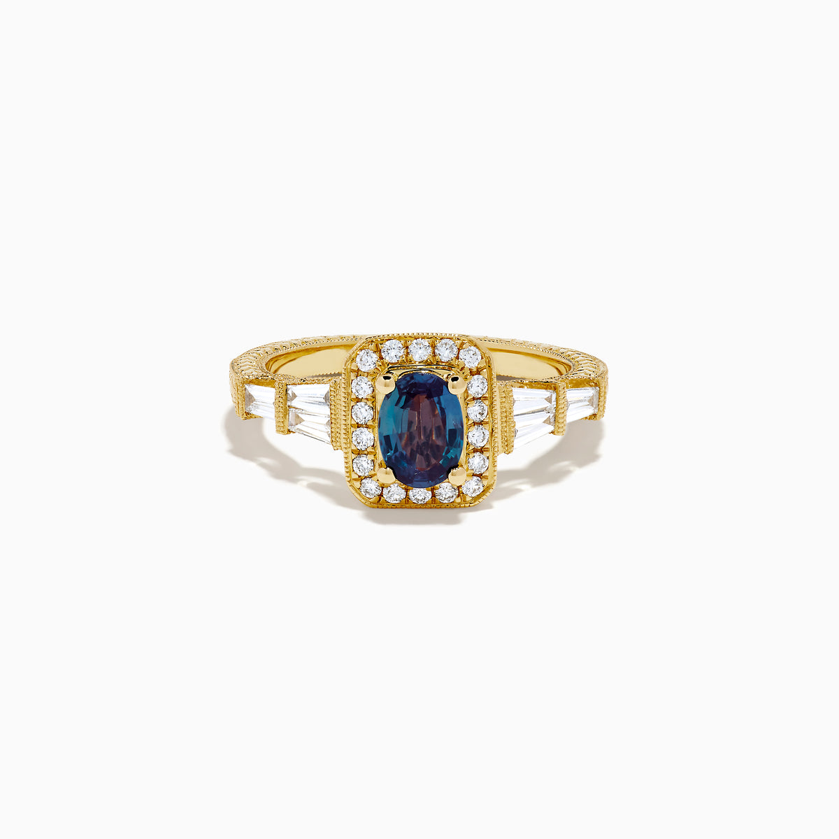 The 18K Yellow Gold GIA Certified Alexandrite and Diamond Halo Ring features a rectangular, iridescent center stone with a diamond halo and diamonds on the band, shown against a white background.