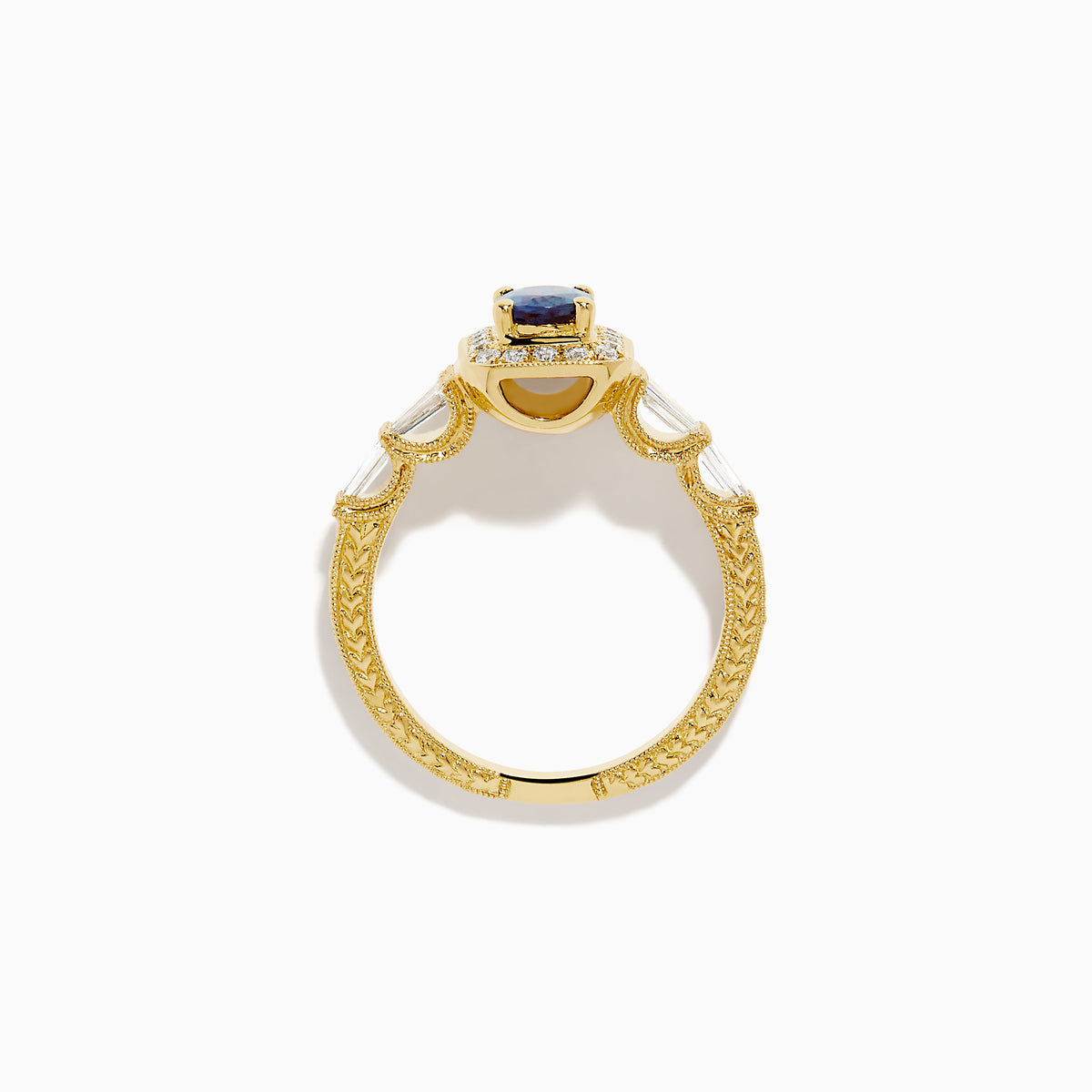 The 18K Yellow Gold GIA Certified Alexandrite and Diamond Halo Ring features a rectangular, iridescent center stone with a diamond halo and diamonds on the band, shown against a white background.