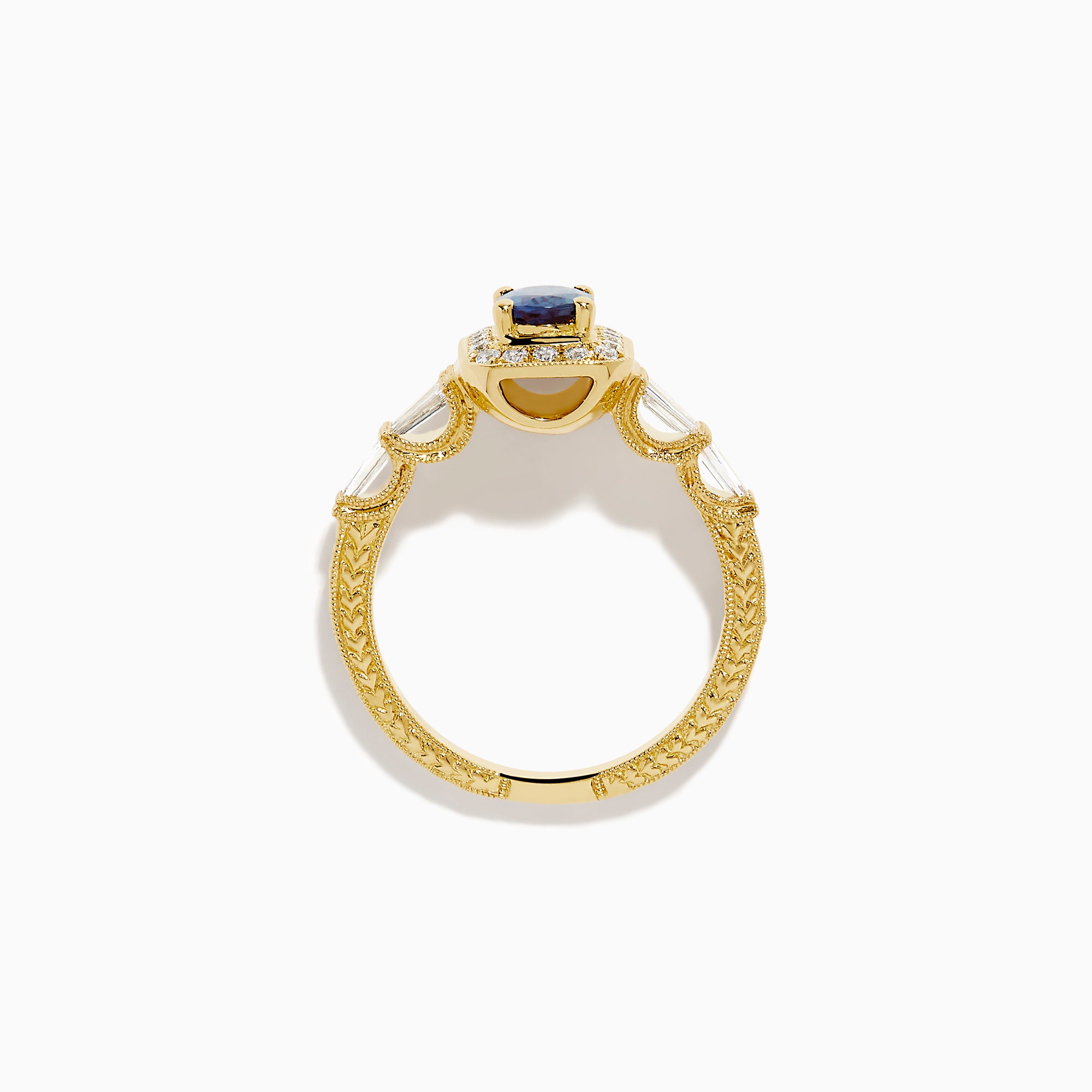 The 18K Yellow Gold GIA Certified Alexandrite and Diamond Halo Ring features a rectangular, iridescent center stone with a diamond halo and diamonds on the band, shown against a white background.