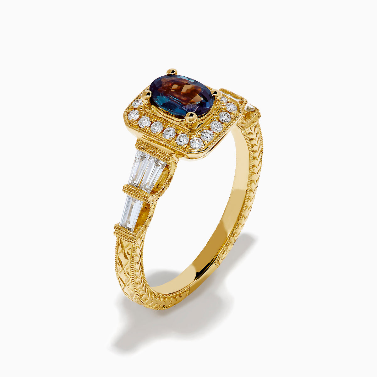 The 18K Yellow Gold GIA Certified Alexandrite and Diamond Halo Ring features a rectangular, iridescent center stone with a diamond halo and diamonds on the band, shown against a white background.