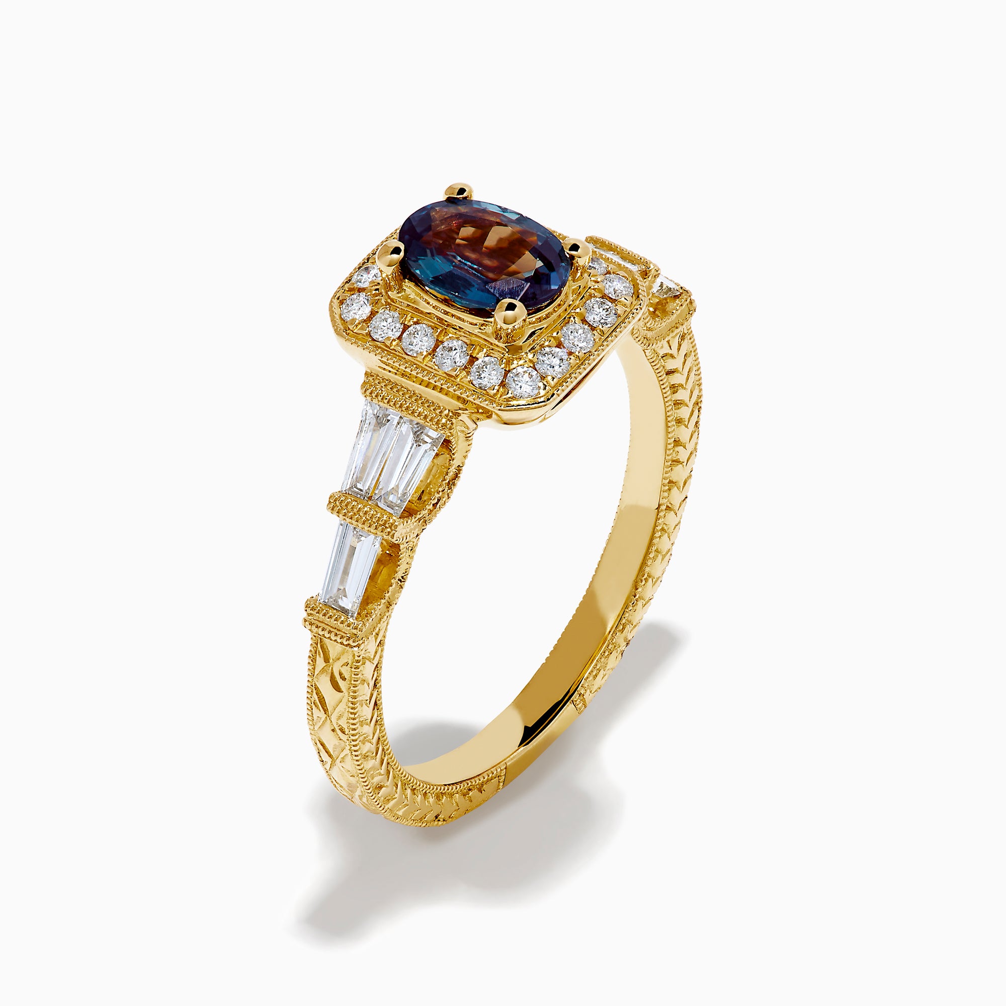 The 18K Yellow Gold GIA Certified Alexandrite and Diamond Halo Ring features a rectangular, iridescent center stone with a diamond halo and diamonds on the band, shown against a white background.