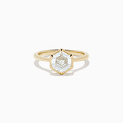 The Lab Grown Diamond 2.00ct Hexagon Solitaire Ring in 14K Yellow Gold showcases a hexagon-shaped, lab grown diamond with a geometric stepped cut, set on a sleek, polished gold band and displayed against a white background.