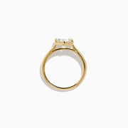 The Lab Grown Diamond 2.00ct Hexagon Solitaire Ring in 14K Yellow Gold showcases a hexagon-shaped, lab grown diamond with a geometric stepped cut, set on a sleek, polished gold band and displayed against a white background.