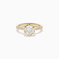 Presenting the Lab Grown Diamond 2.00ct Hexagon with Pave Band Ring in 14K Yellow Gold: a striking ring with a hexagonal-cut lab grown diamond at its center, accented by sparkling pave-set diamonds along the polished 14K yellow gold band, showcased on a clean white background.