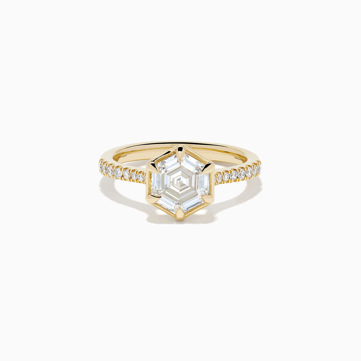 Presenting the Lab Grown Diamond 2.00ct Hexagon with Pave Band Ring in 14K Yellow Gold: a striking ring with a hexagonal-cut lab grown diamond at its center, accented by sparkling pave-set diamonds along the polished 14K yellow gold band, showcased on a clean white background.