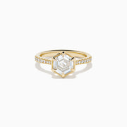 Presenting the Lab Grown Diamond 2.00ct Hexagon with Pave Band Ring in 14K Yellow Gold: a striking ring with a hexagonal-cut lab grown diamond at its center, accented by sparkling pave-set diamonds along the polished 14K yellow gold band, showcased on a clean white background.