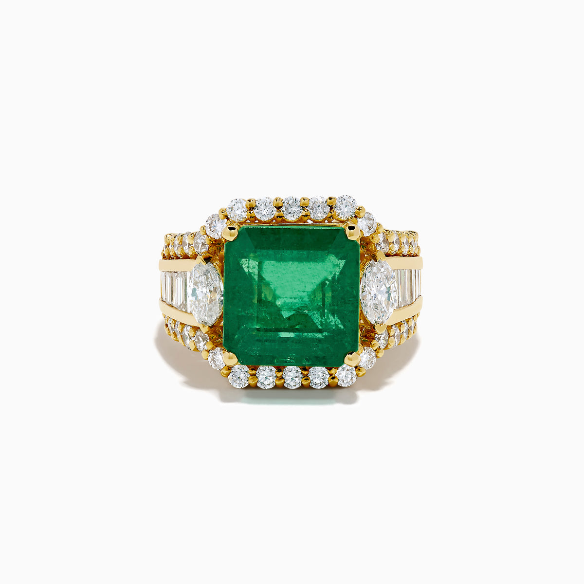 The 18K Yellow Gold Emerald and Diamond Ring features a large square green emerald center, encircled by round and baguette-cut white diamonds along the band and around the emerald, set against a white background.