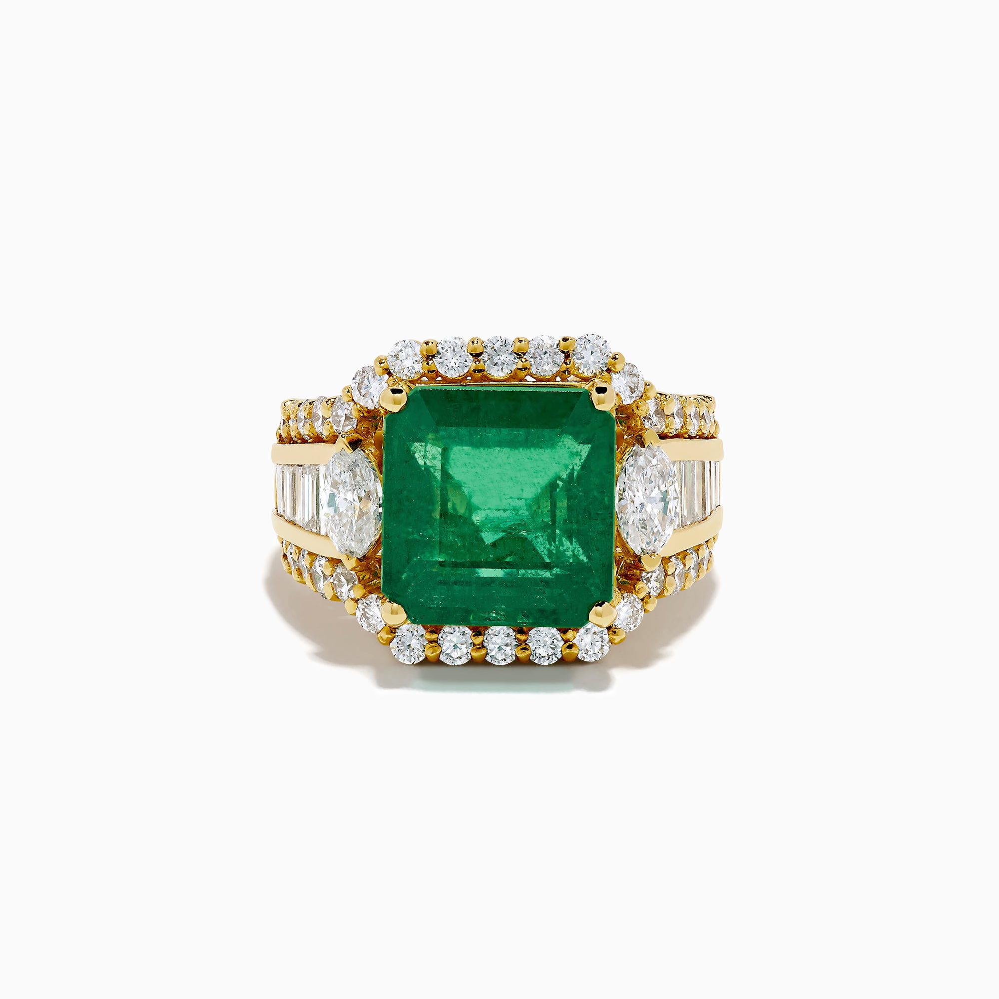 The 18K Yellow Gold Emerald and Diamond Ring features a large square green emerald center, encircled by round and baguette-cut white diamonds along the band and around the emerald, set against a white background.