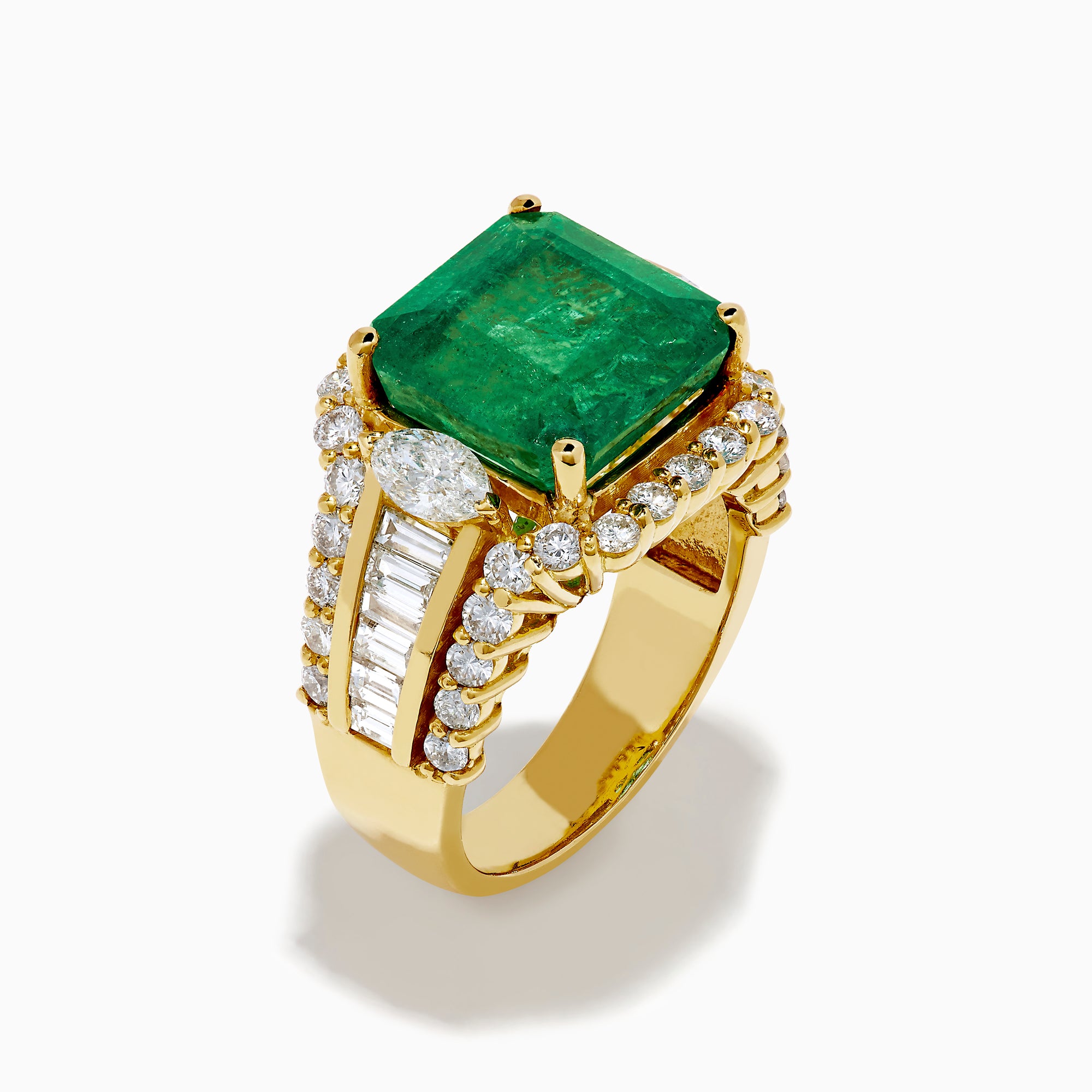 The 18K Yellow Gold Emerald and Diamond Ring features a large square green emerald center, encircled by round and baguette-cut white diamonds along the band and around the emerald, set against a white background.