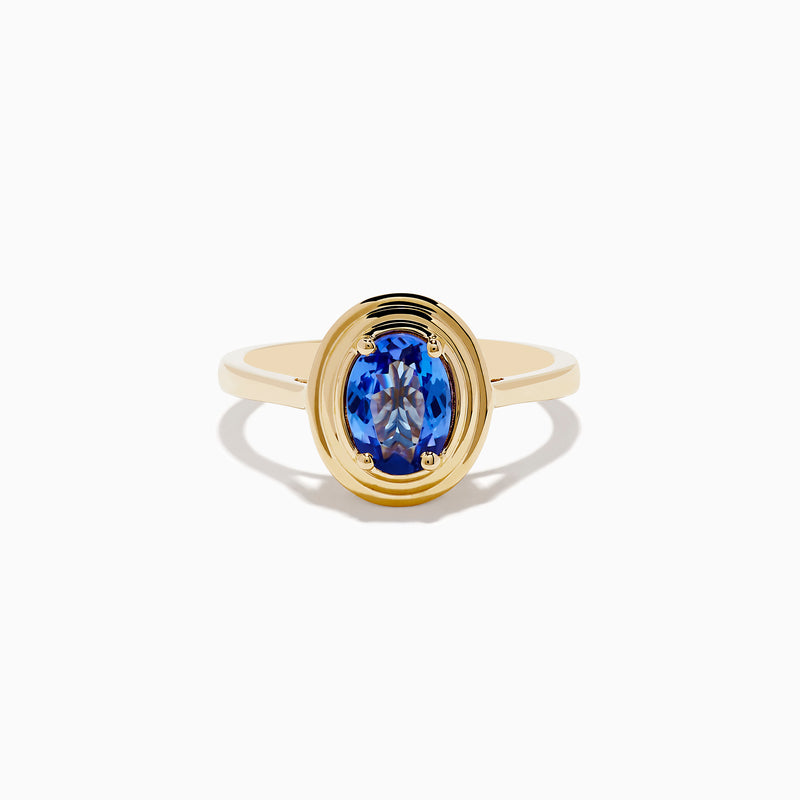 The 14K Yellow Gold Tanzanite Faux-Triple Bezel Ring features an oval tanzanite gemstone in a smooth, polished bezel setting, shown from the front against a white background.