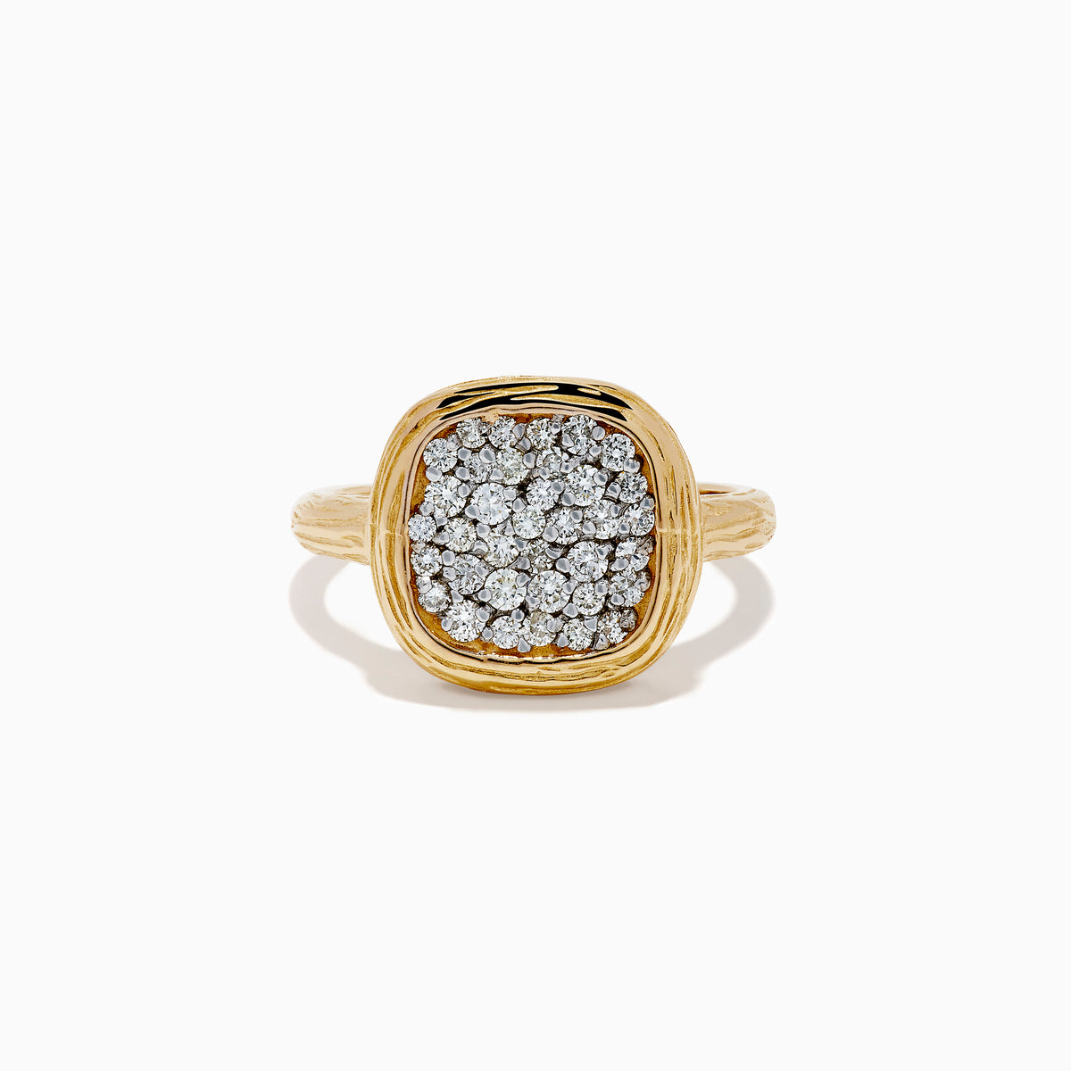 The D'Oro 14K Two Tone Gold Diamond Signet Ring features a textured band and a square-shaped cluster of sparkling diamonds at the center, giving a modern twist to the classic signet ring style.