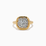 The D'Oro 14K Two Tone Gold Diamond Signet Ring features a textured band and a square-shaped cluster of sparkling diamonds at the center, giving a modern twist to the classic signet ring style.