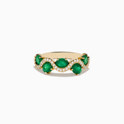 The 14K Yellow Gold Emerald and Diamond Ring features five round emeralds, each surrounded by sparkling white diamonds in a scalloped design, set on a smooth, polished gold band.