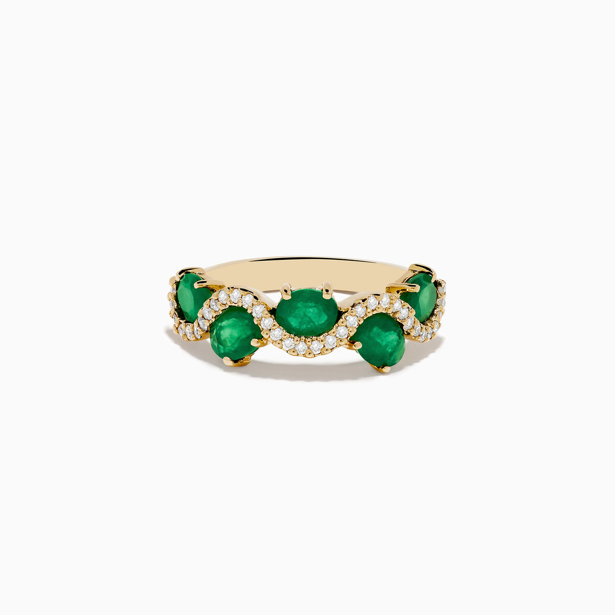The 14K Yellow Gold Emerald and Diamond Ring features five round emeralds, each surrounded by sparkling white diamonds in a scalloped design, set on a smooth, polished gold band.