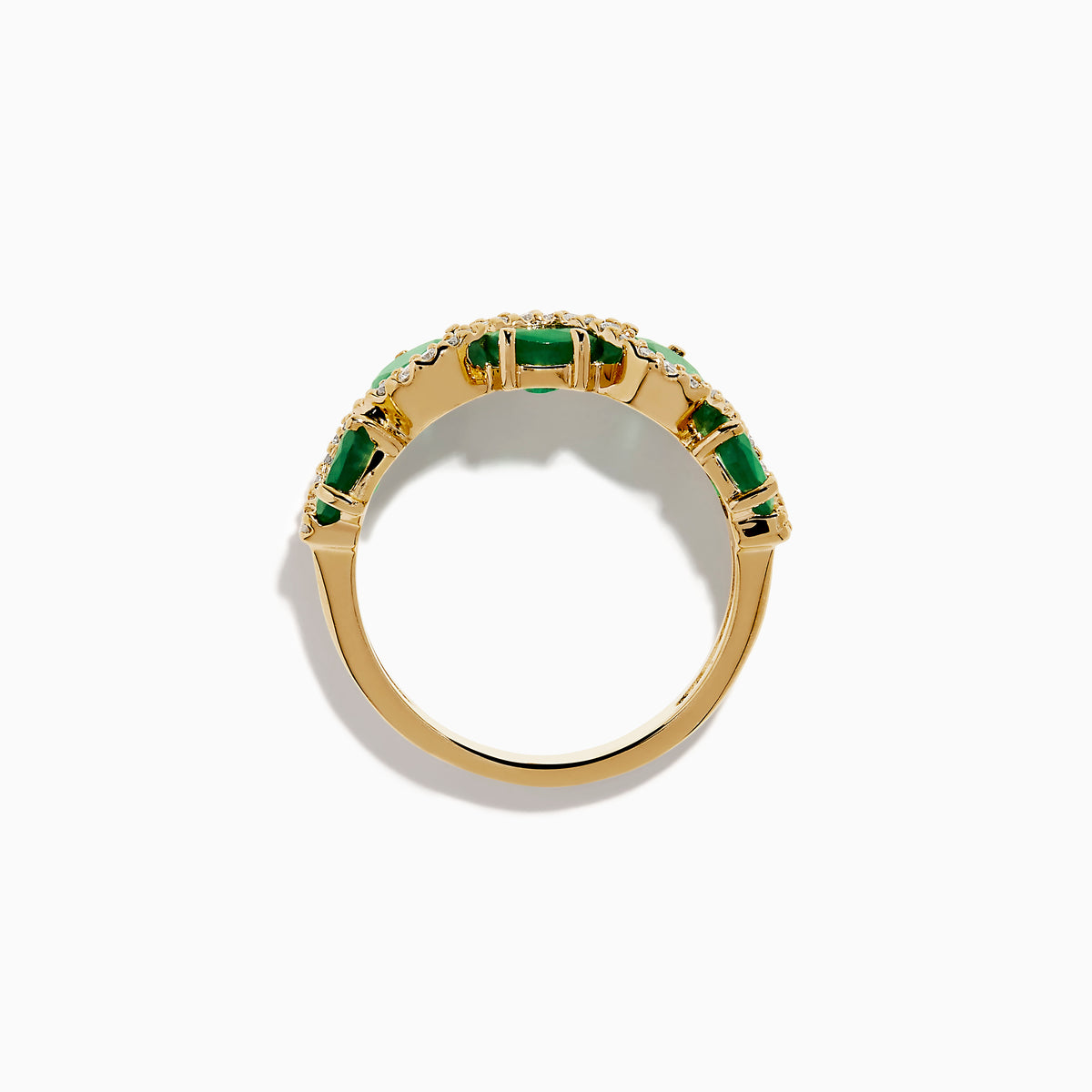 The 14K Yellow Gold Emerald and Diamond Ring features five round emeralds, each surrounded by sparkling white diamonds in a scalloped design, set on a smooth, polished gold band.