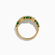 The 14K Yellow Gold Emerald and Diamond Ring features five round emeralds, each surrounded by sparkling white diamonds in a scalloped design, set on a smooth, polished gold band.