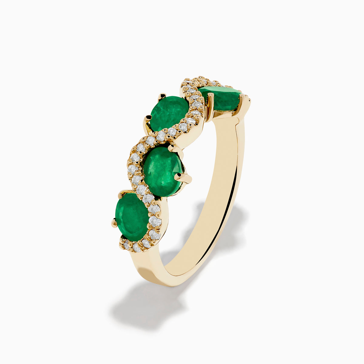 The 14K Yellow Gold Emerald and Diamond Ring features five round emeralds, each surrounded by sparkling white diamonds in a scalloped design, set on a smooth, polished gold band.