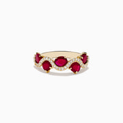 The 14K Yellow Gold Ruby and Diamond Ring showcases four oval rubies in a wavy design, accented with small white diamonds along the curves.