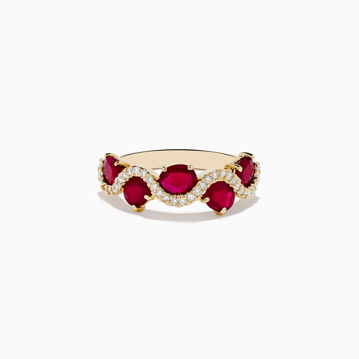 The 14K Yellow Gold Ruby and Diamond Ring showcases four oval rubies in a wavy design, accented with small white diamonds along the curves.