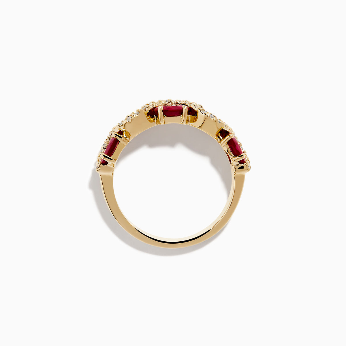 The 14K Yellow Gold Ruby and Diamond Ring showcases four oval rubies in a wavy design, accented with small white diamonds along the curves.