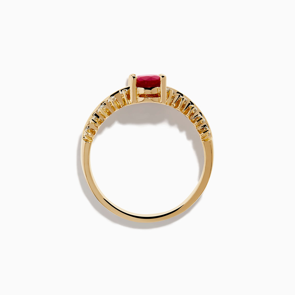 The 14K Yellow Gold Ruby and Diamond Ring features a central oval ruby accented by two rows of small round diamonds on each side, creating a sophisticated and elegant look.