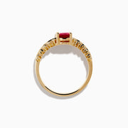 The 14K Yellow Gold Ruby and Diamond Ring features a central oval ruby accented by two rows of small round diamonds on each side, creating a sophisticated and elegant look.