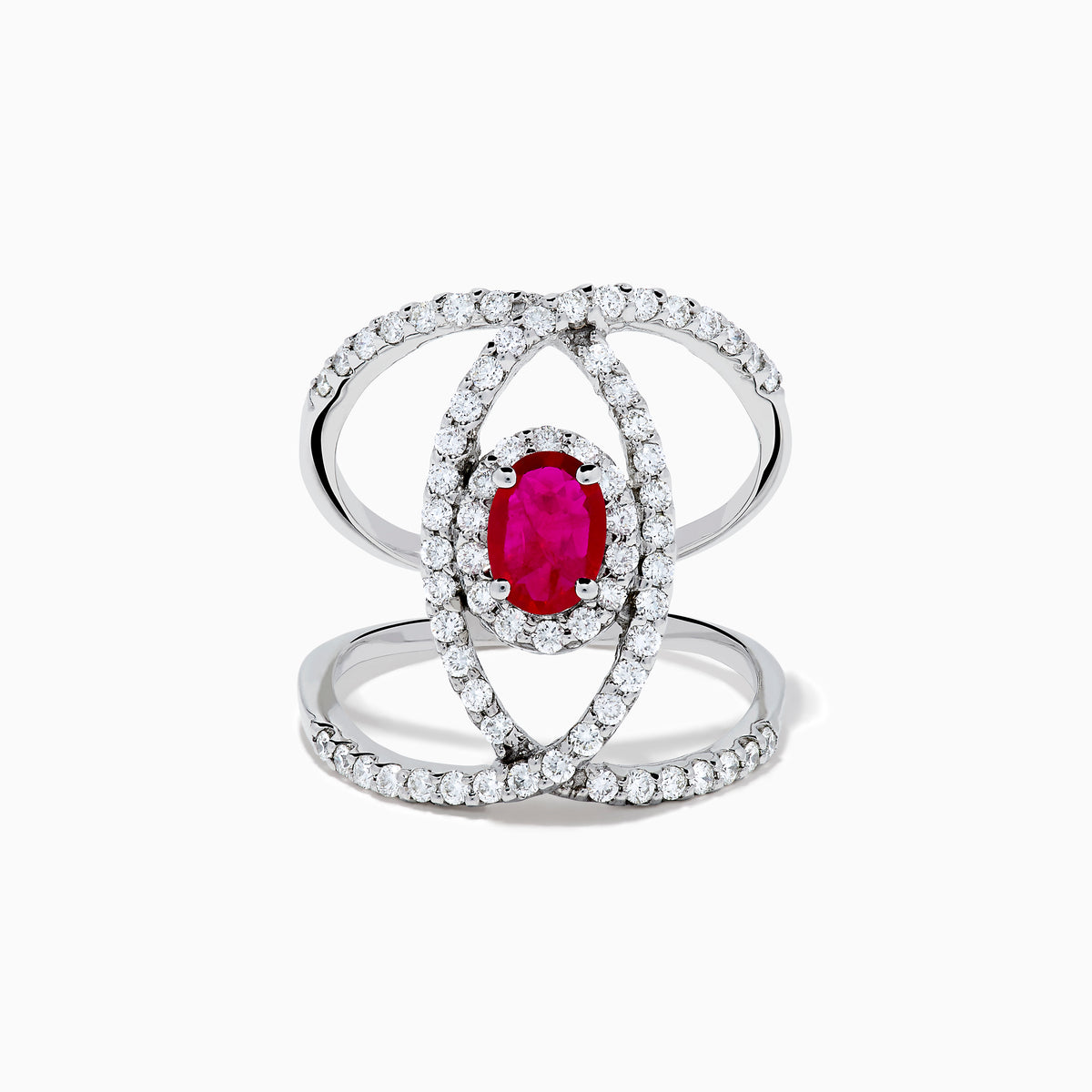 The Ruby Royale 14K White Gold Ruby and Diamond Ring features a central oval ruby with intersecting diamond-encrusted bands, beautifully set against a plain white background.