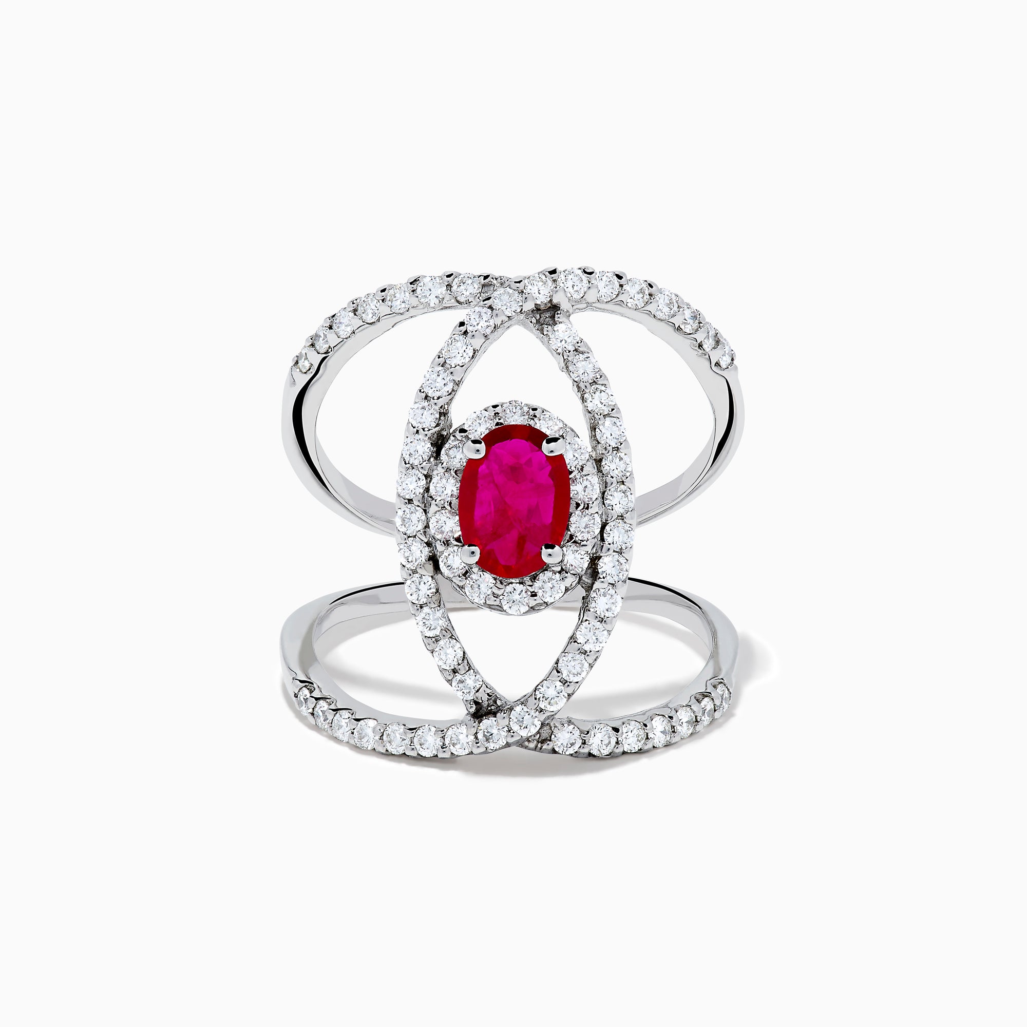 The Ruby Royale 14K White Gold Ruby and Diamond Ring features a central oval ruby with intersecting diamond-encrusted bands, beautifully set against a plain white background.