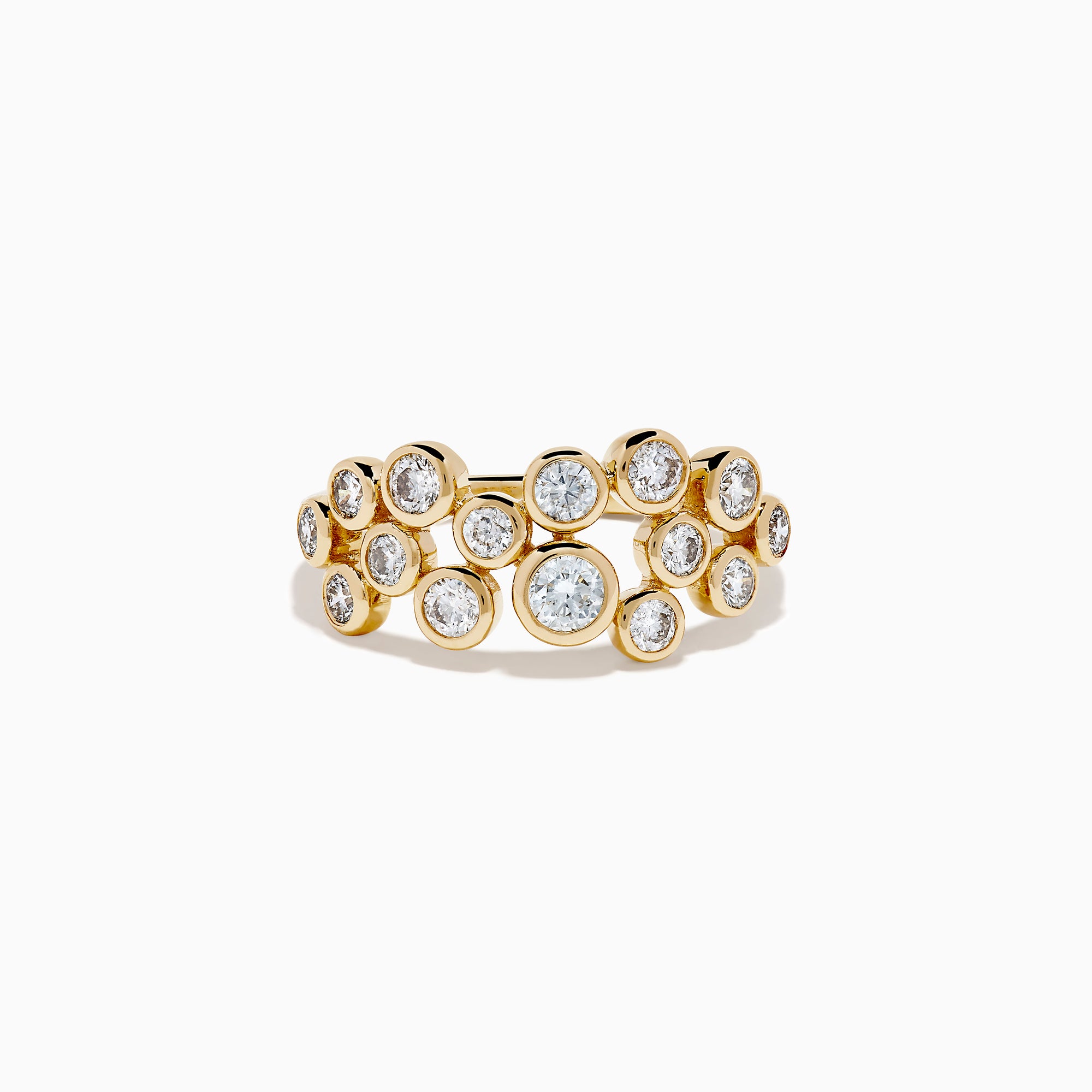 The D'Oro 14K Yellow Gold Bezel Set Diamond Band features two staggered rows of bezel-set round white diamonds in an open, airy design, shown against a white background.