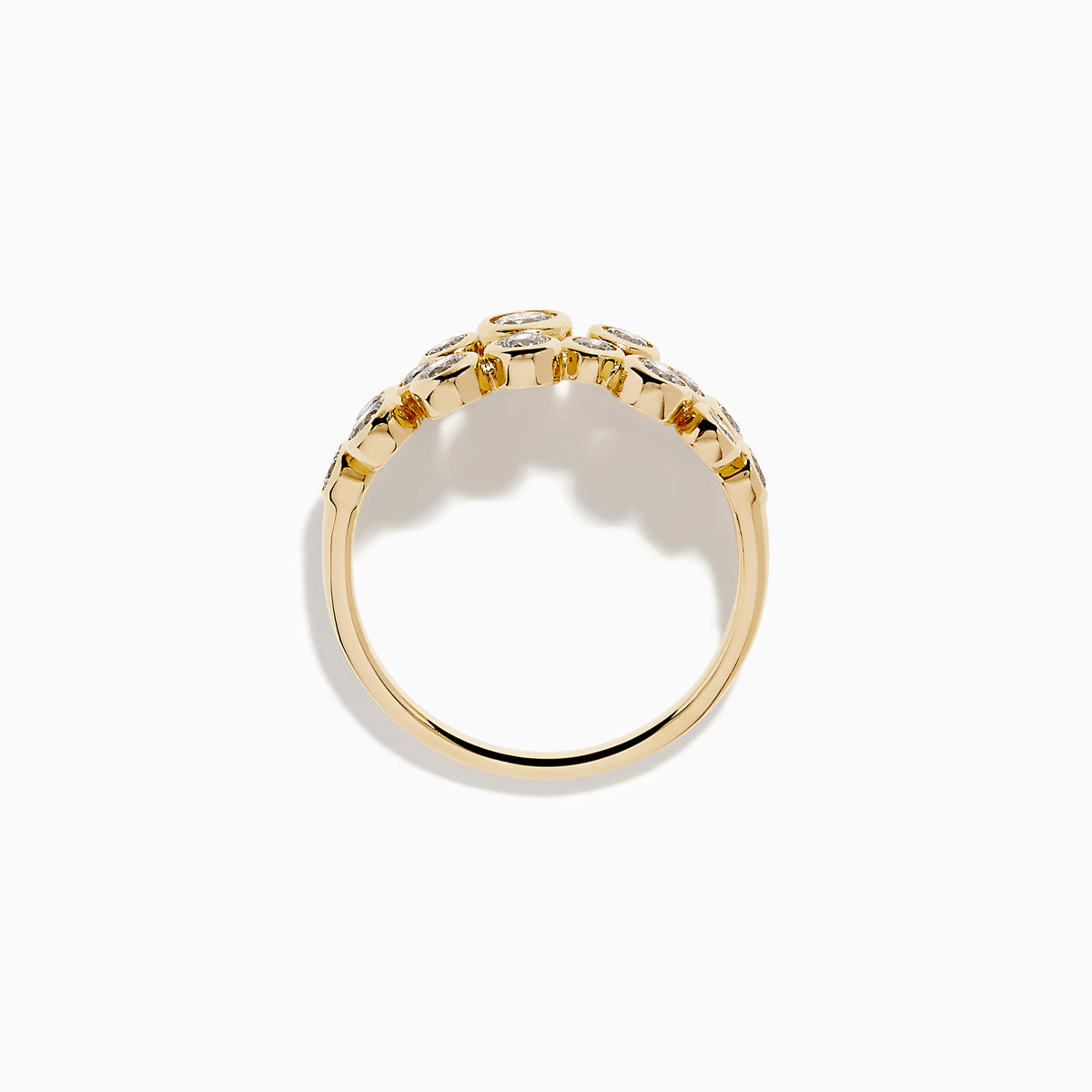 The D'Oro 14K Yellow Gold Bezel Set Diamond Band features two staggered rows of bezel-set round white diamonds in an open, airy design, shown against a white background.
