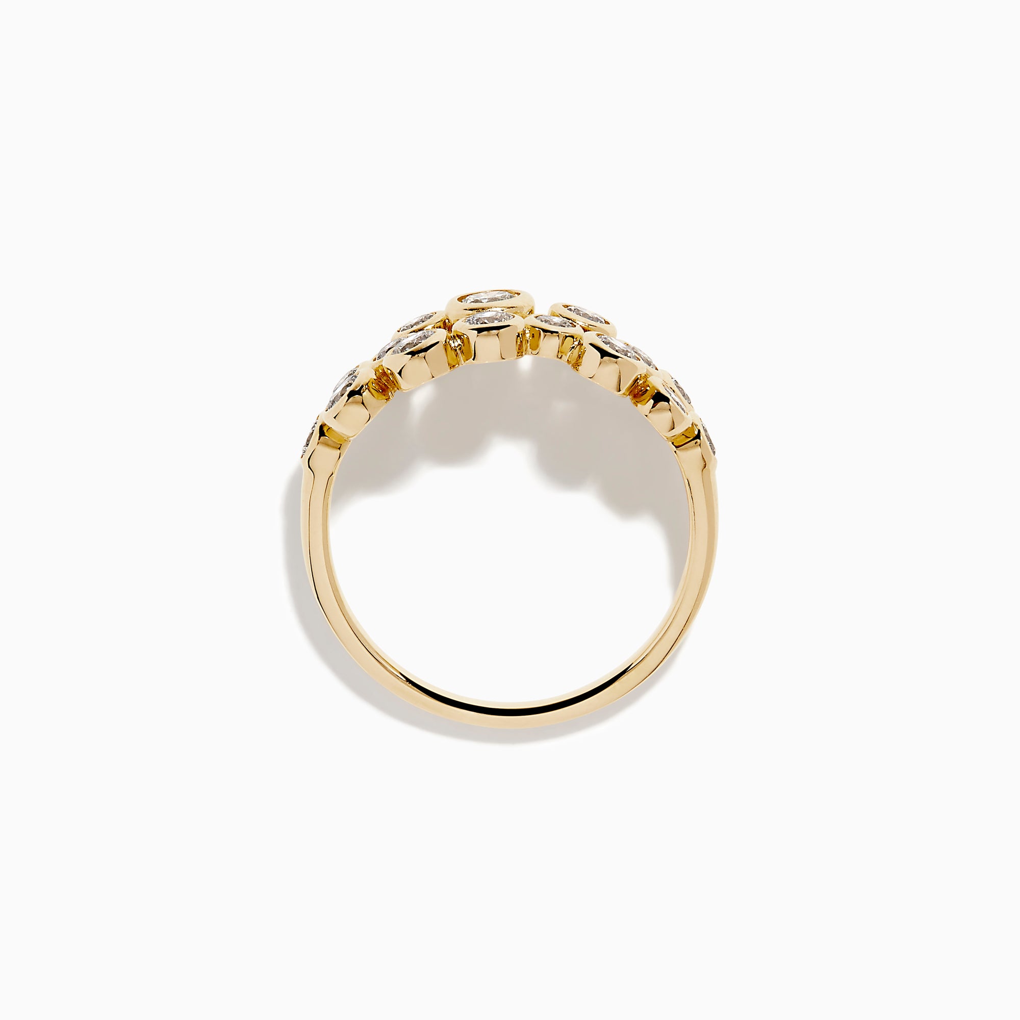 The D'Oro 14K Yellow Gold Bezel Set Diamond Band features two staggered rows of bezel-set round white diamonds in an open, airy design, shown against a white background.
