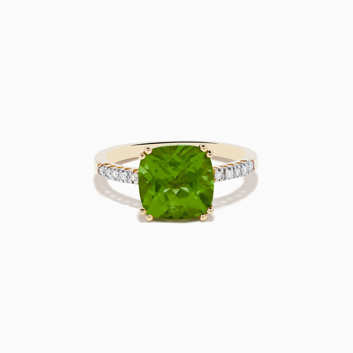 The 14K Yellow Gold Peridot and Diamond Ring features a large cushion-cut peridot at the center, accented by small diamonds set along the band on either side.