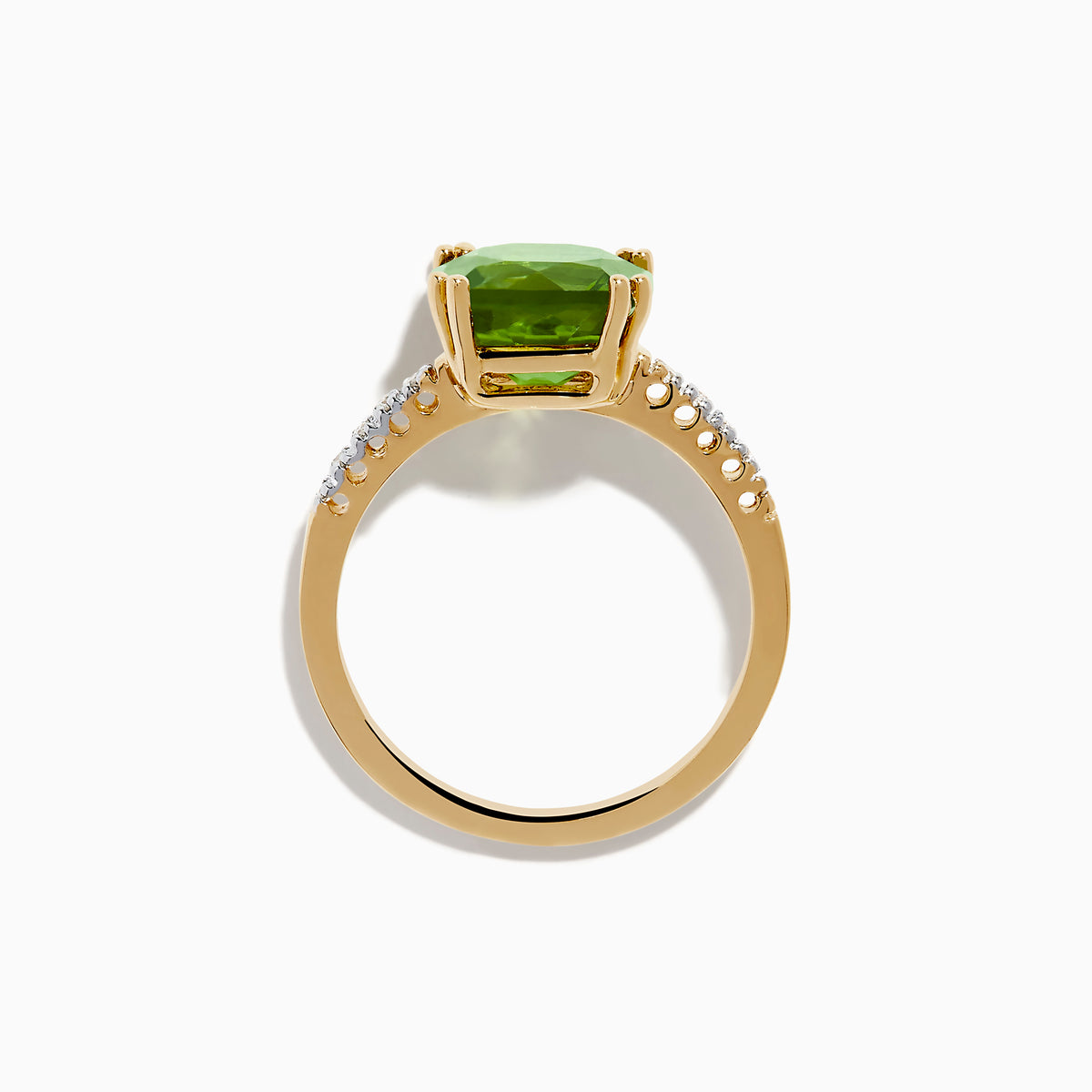 The 14K Yellow Gold Peridot and Diamond Ring features a large cushion-cut peridot at the center, accented by small diamonds set along the band on either side.
