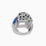 The Signature 14K White Gold Tanzanite and Diamond Panther Ring features diamond accents, green gemstone eyes, and a large oval tanzanite held in the panther's paws and mouth.
